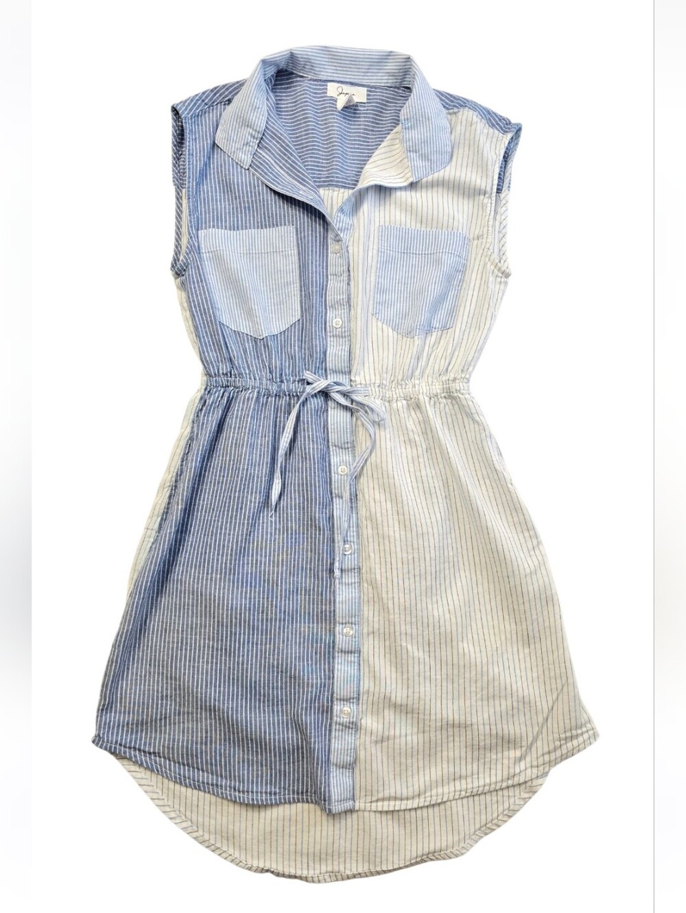 Sleeveless Blue & White Striped Midi Shirt Dress with Drawstring Waist
